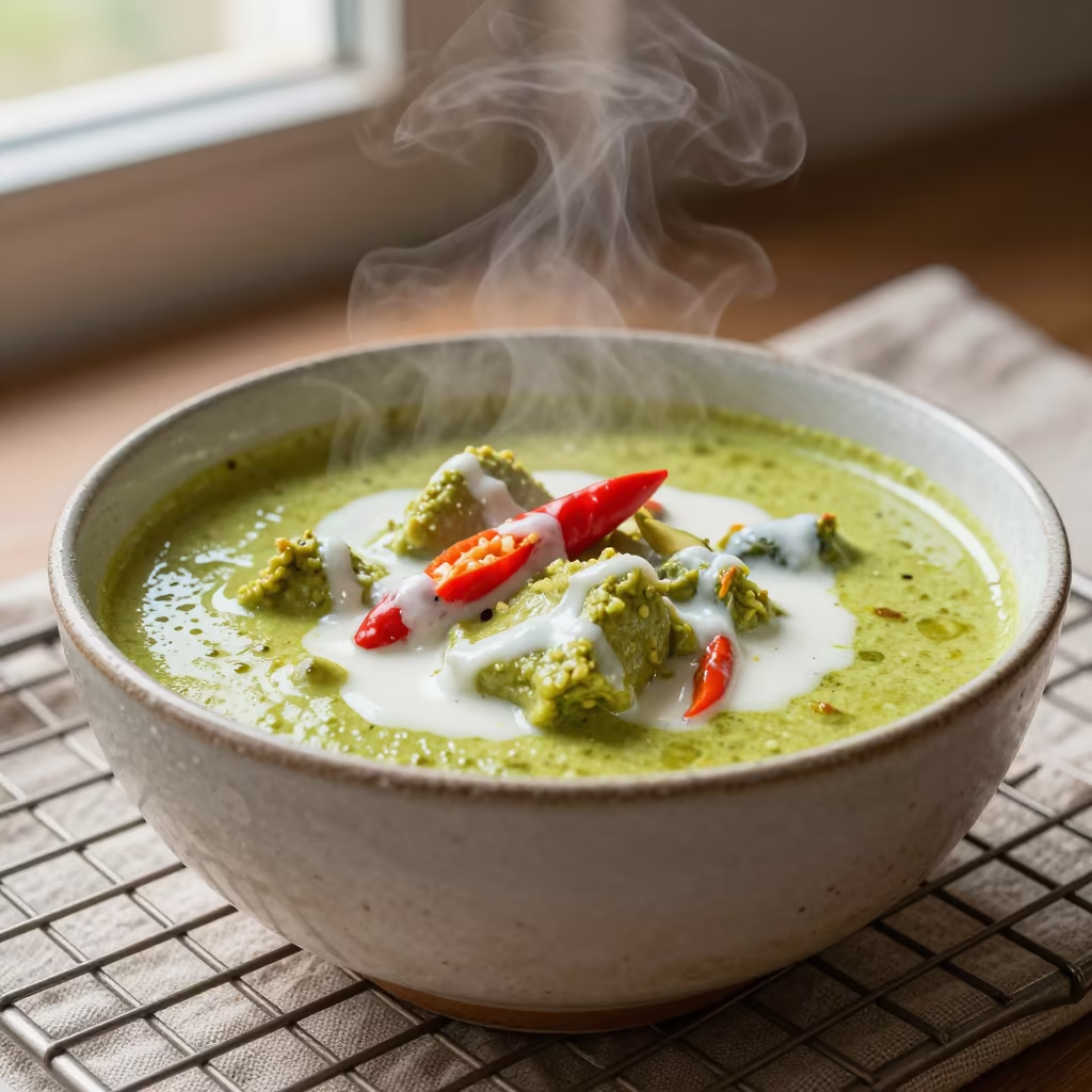 Green Curry Bowl on Bakery Rack in Arua in on a bakery cooling rack in Arua