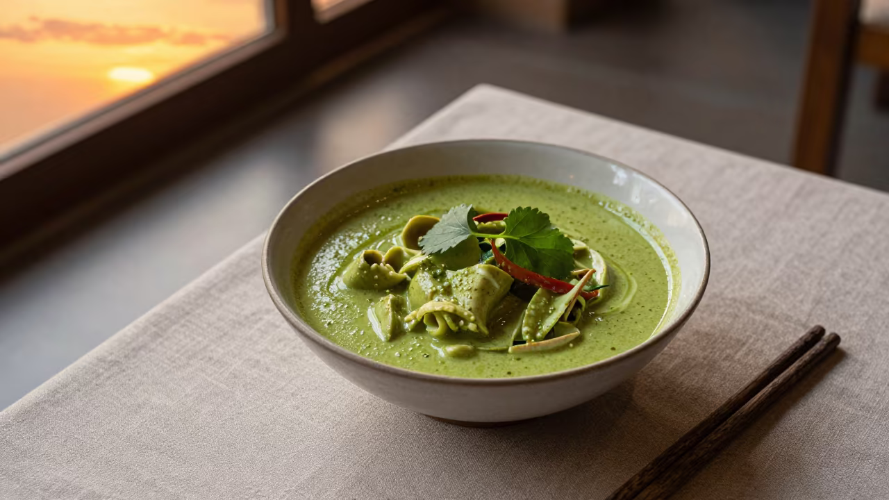 Green Curry Bowl Sunset Restaurant Zhangjiajie in on a linen-covered restaurant table in Zhangjiajie