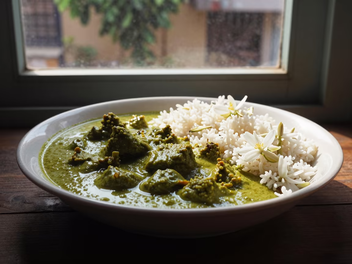 Green Curry and Jasmine Rice in Late Afternoon Light in on a ceramic plate by a window in Belgaum