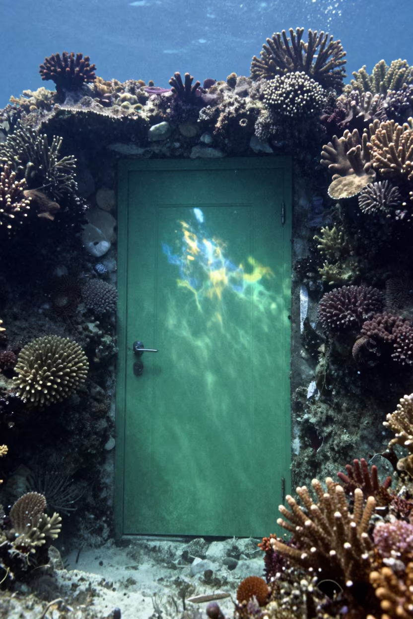Green Door Coral Wall Underwater Belize in beside a reef crevice under clear water near Belize City