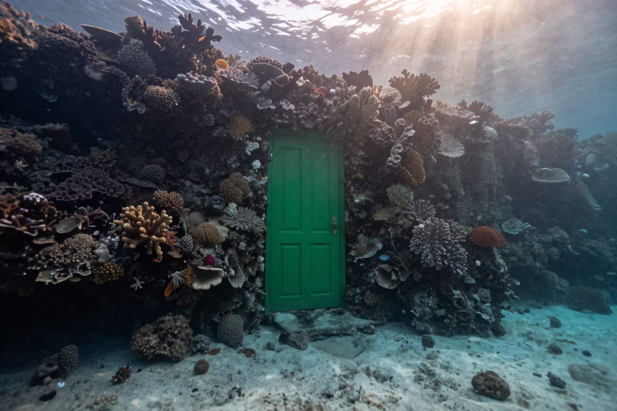 Green Door Coral Wall Underwater Dawn in beside a reef crevice under clear water near Denpasar