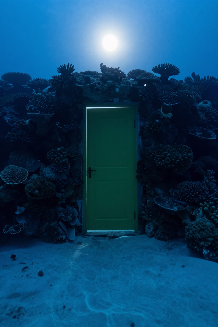 Green Door Silhouette on Coral Wall Underwater in along a coral wall with blue water beyond near Zanzibar