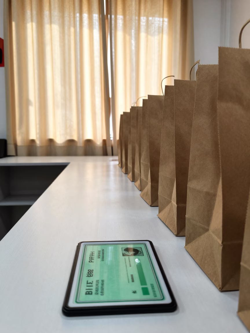 Green Fishing Stamp Pad on Retail Counter Prayagraj in at a cash wrap counter with bags stacked nearby in Prayagraj