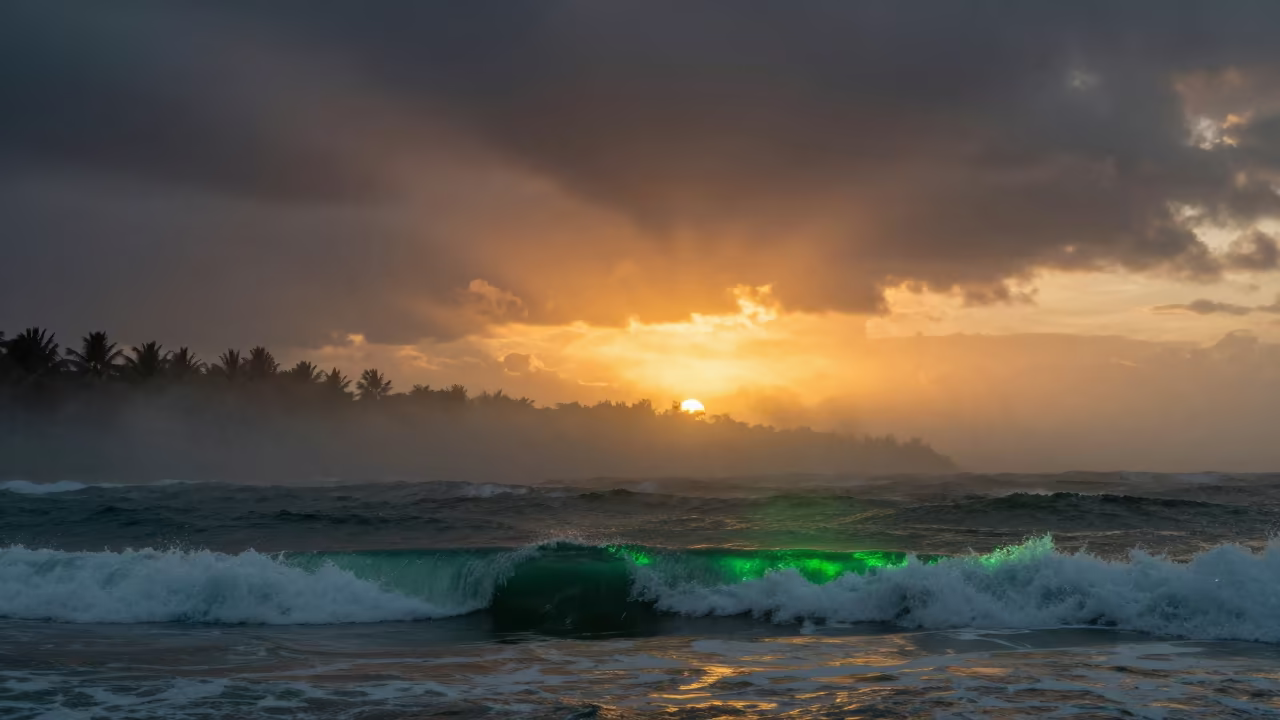 Green Flash Sunset Through Marine Fog Near Merida in through low marine fog near Merida