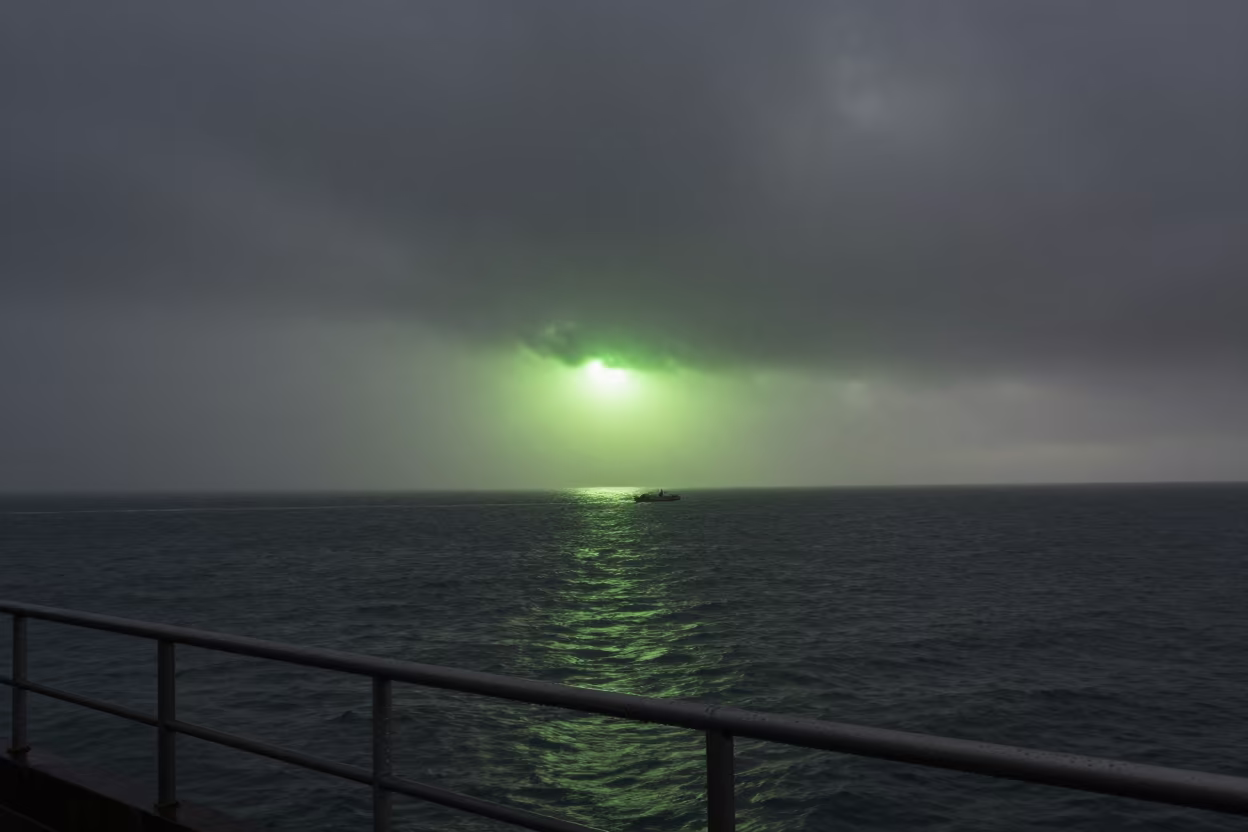 Green Flash Sunset Over Zanzibar Ocean Fog in through low marine fog near Zanzibar City