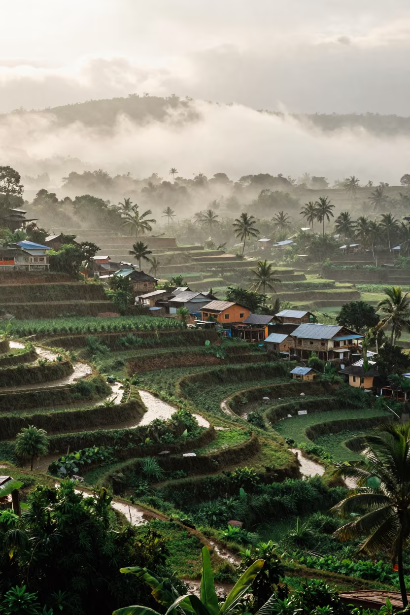Green Fog Over Terraced Villages Near Pathein in through low marine fog near Pathein