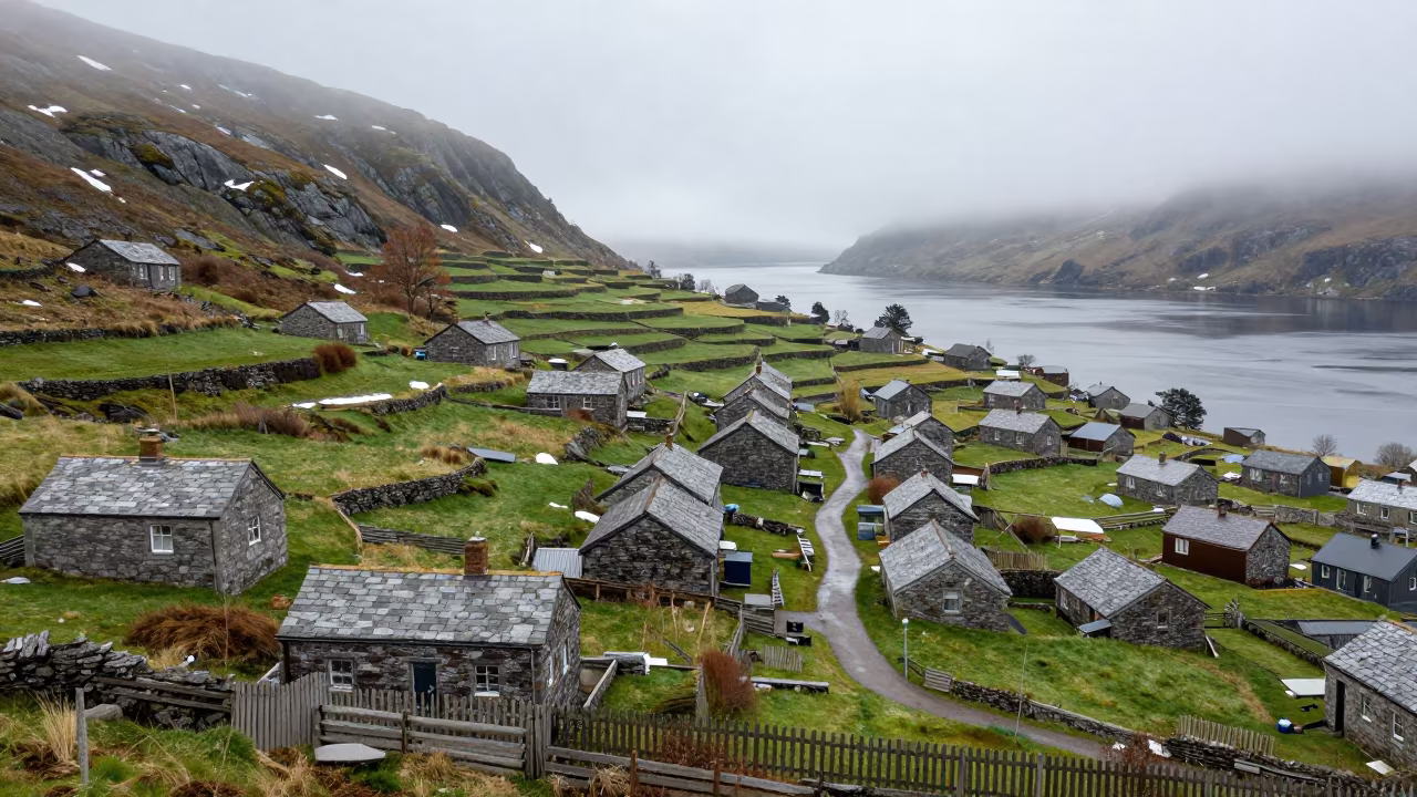 Green Fog Terraced Villages Newfoundland Hillside in in Newfoundland