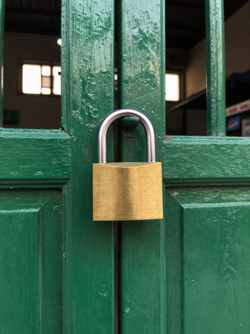 Green Garden Gate Padlock in Chittagong Market in on a wooden shelf inside a covered market in Chittagong