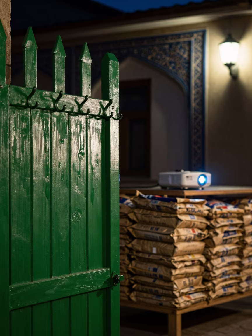 Green Gate Hook on Grocer Counter in on a grocer's counter with stacked paper sacks in Margilan