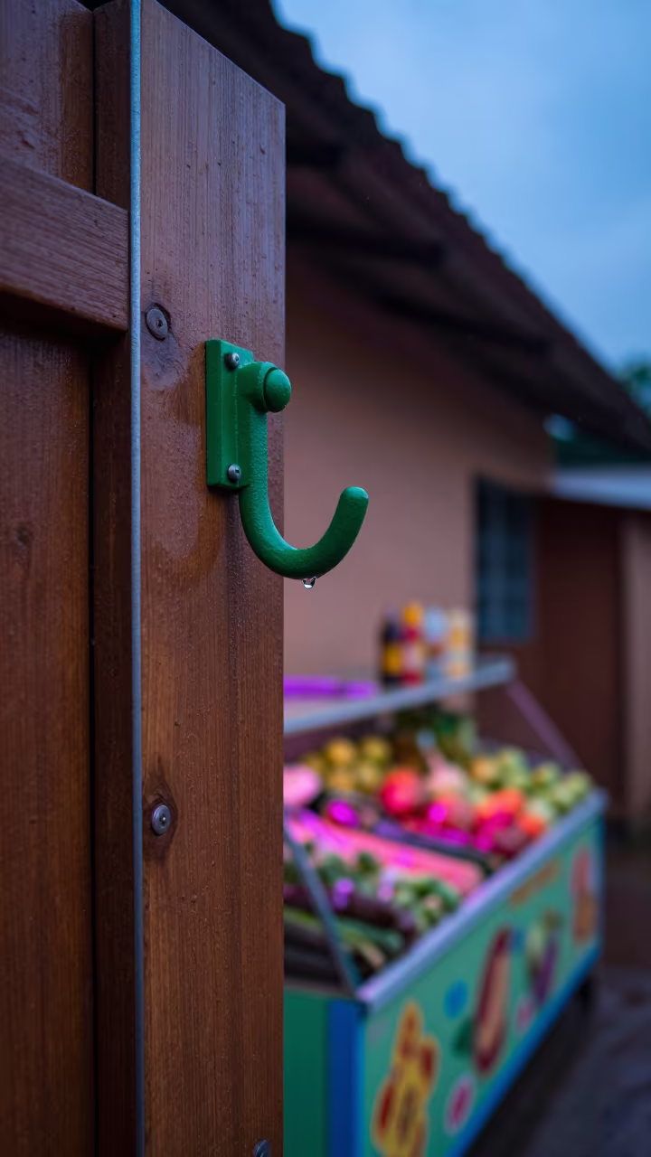 Green Gate Hook Neon Light Mbanza Kongo in on a painted produce display table in M'banza-Kongo