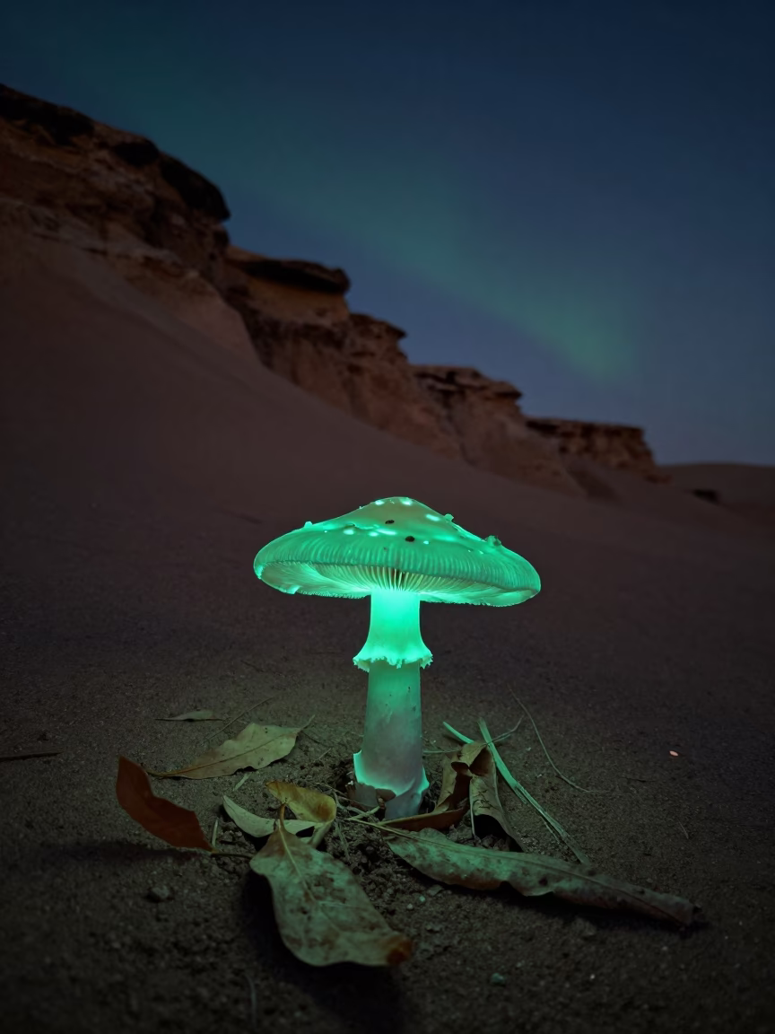 Green Ghost Mushroom Glowing Under Desert Sky in beneath a wind-cut desert escarpment near Jumeirah, Dubai