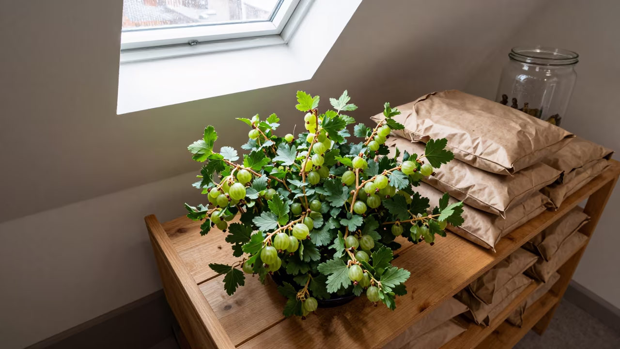 Green Gooseberries on Grocer Counter Near Lausanne in on a grocer's counter with stacked paper sacks near Lausanne
