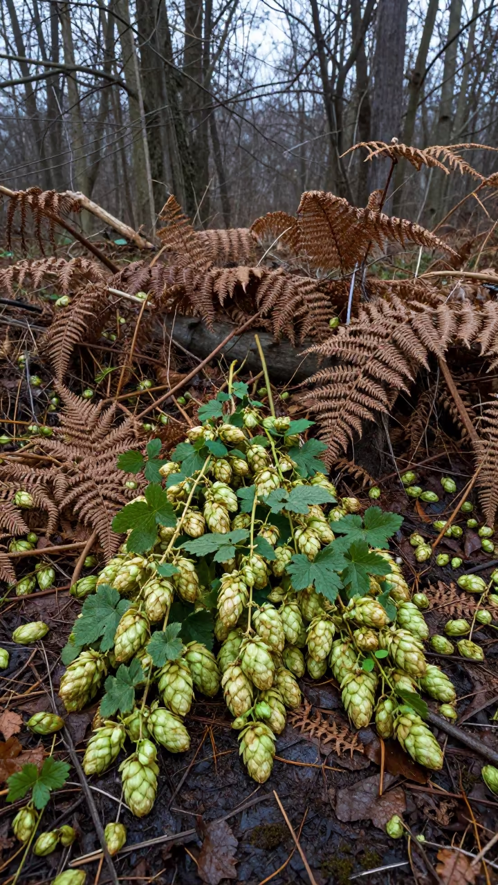 Green Hops Cones on Winter Fern Forest Floor in on a fern-lined forest floor near Veliko Tarnovo