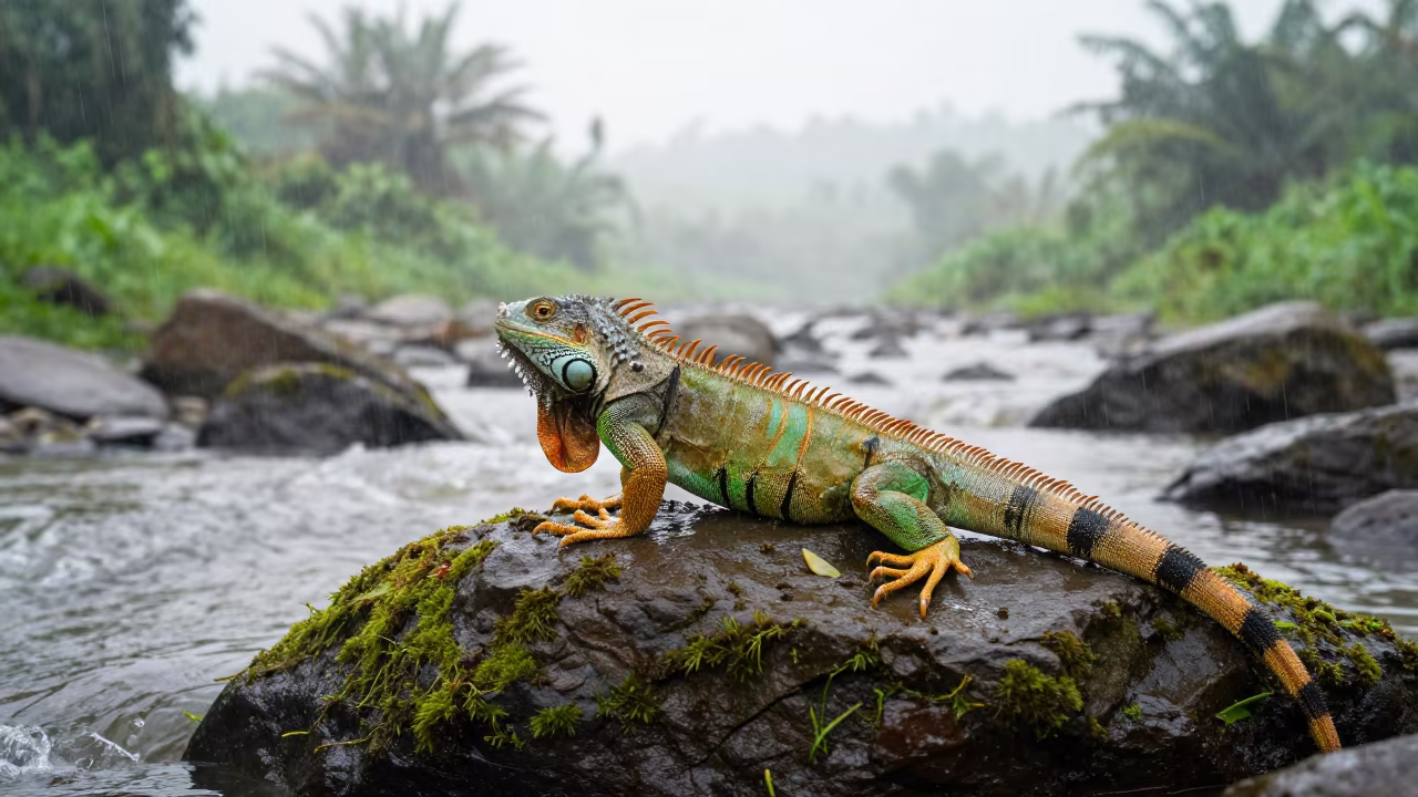 Green Iguana Sunning on Rock Near Bangkok Stream in above a glacial stream near Bangkok