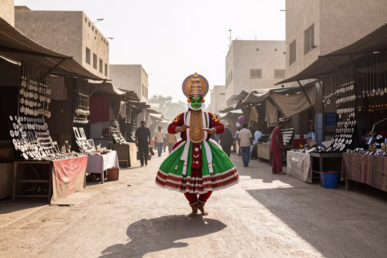 Green Kathakali Dancer in Kuwait Market Lane in along a market lane in Kuwait City