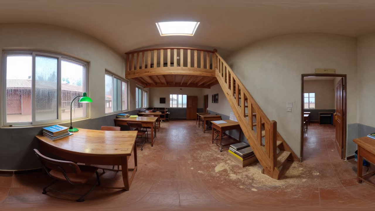 Green Lamp Glow On Woodshop Staircase Ouagadougou in in a woodshop classroom in Ouagadougou
