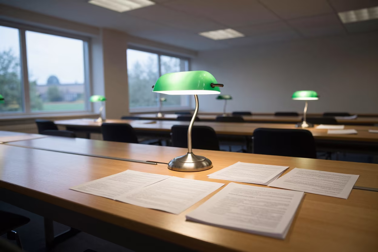 Green Lamp Study Carrel Dawn Cardiff Library in at a seminar table covered in notes in Cardiff