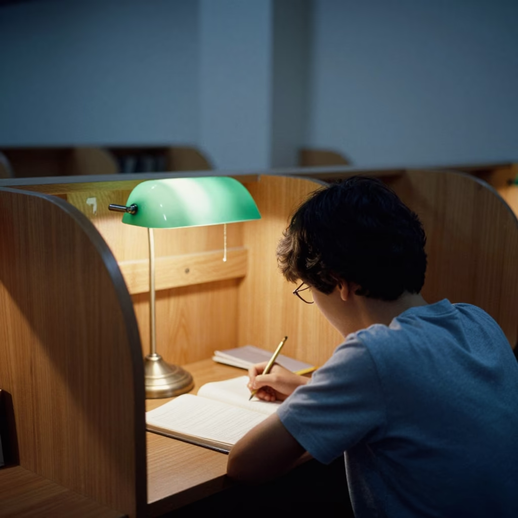 Green Lamp Study Carrel Evening Library Zaria in inside a campus library reading room near Zaria