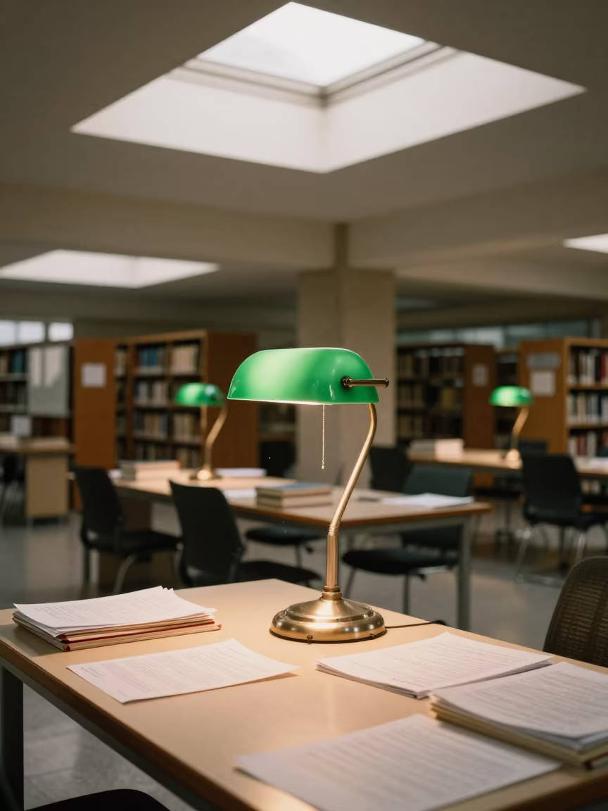 Green Lamp Study Carrel in Ikeja Library in at a seminar table covered in notes in Ikeja