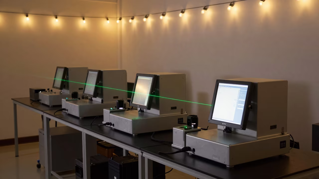 Green Laser Beam Mirrors Archive Bogota Evening in in a specimen archive room in Bogota