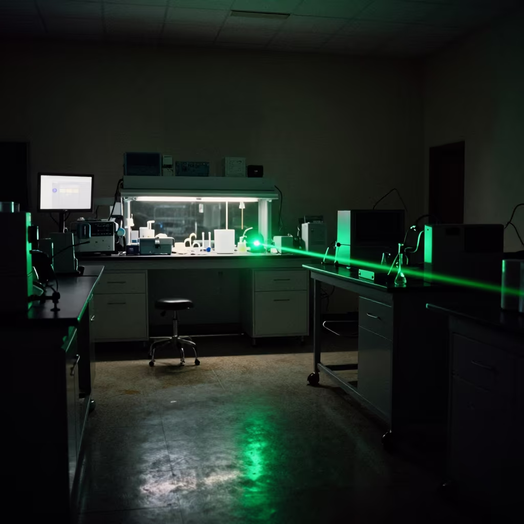 Green Laser Beam on Optical Table at Night in in a bright laboratory in Santiago de Cuba