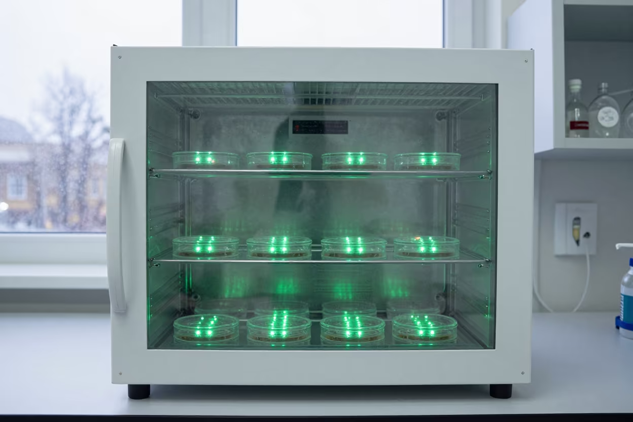 Green LEDs on Incubator Shelf in Laboratory in near Nizhny Novgorod