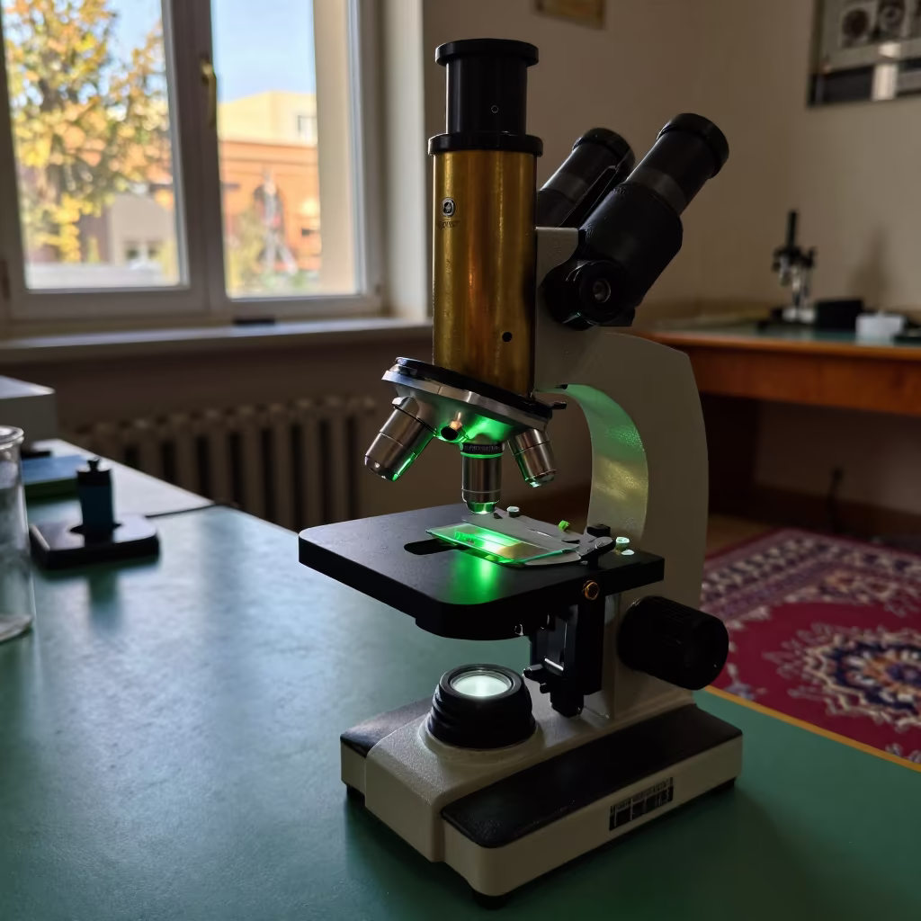 Green Light Reflection on Microscope Slide Edge in at an engineering workbench in Karbala