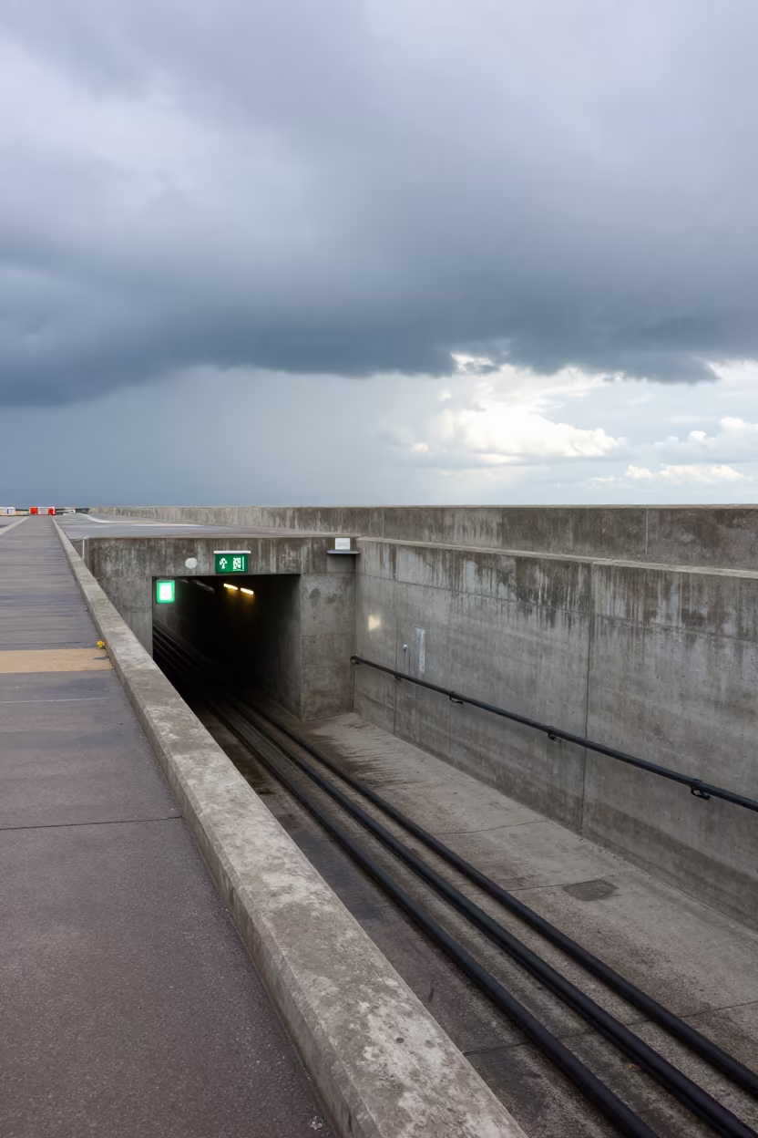 Green Lit Service Tunnel Junction Coastal Barrier in beside a storm surge barrier in Méagui