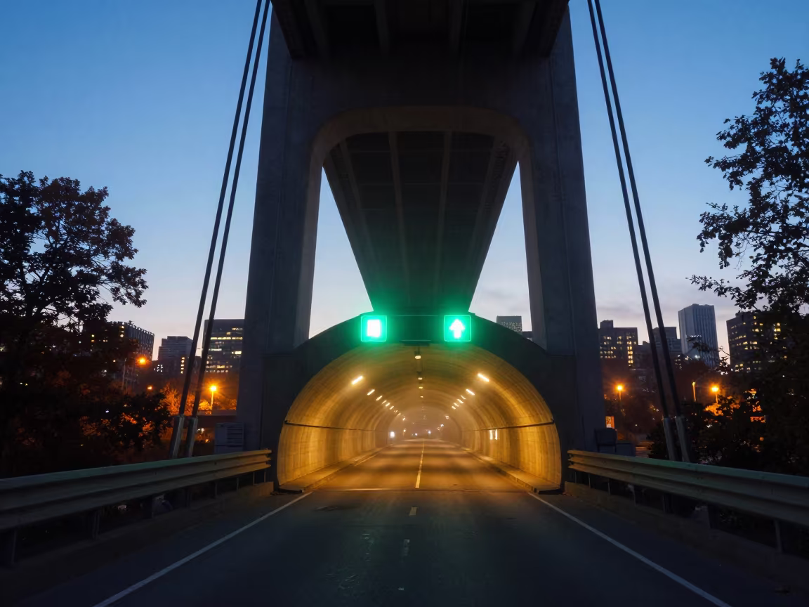 Green Lit Tunnel Under Bridge at Dusk in under a cable-stayed bridge span in Massachusetts