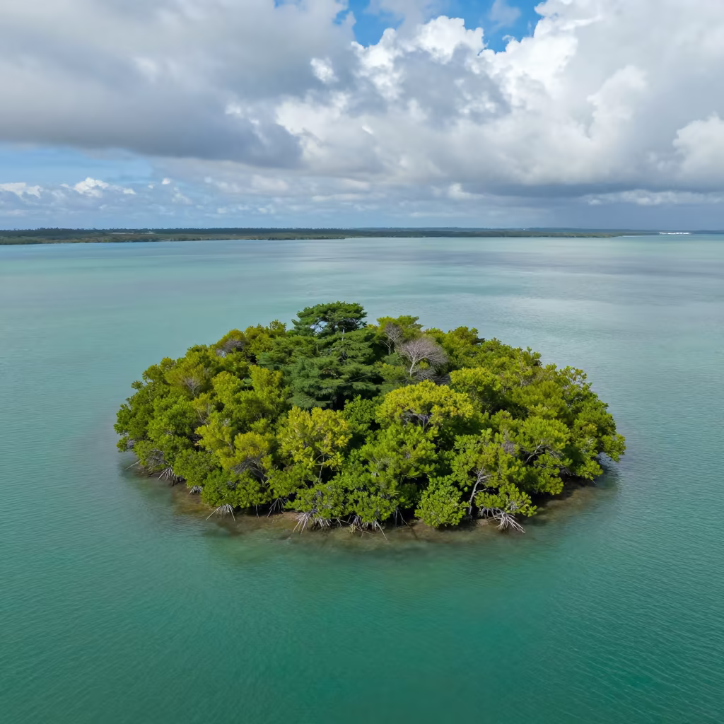 Green Mangrove Island in Turquoise Waters in high above patterned rooftops in West Bengal