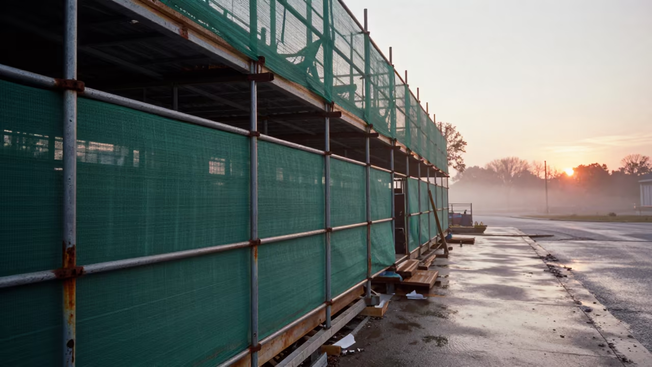 Green Mesh Scaffold at Sunset on Wet Pavement in on an active construction deck in Rhode Island