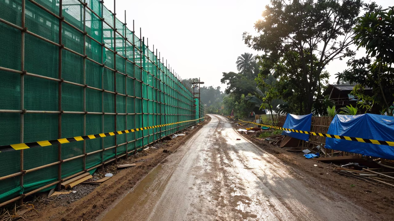 Green Mesh Scaffold on Wet Meghalaya Road in at a muddy site access road in Meghalaya