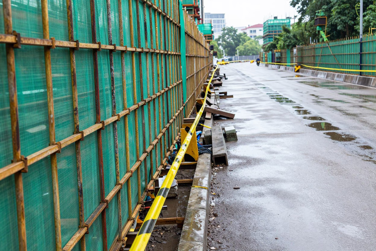 Green Mesh Scaffold Over Wet Pavement in Nanning in inside a taped-off excavation edge near Nanning