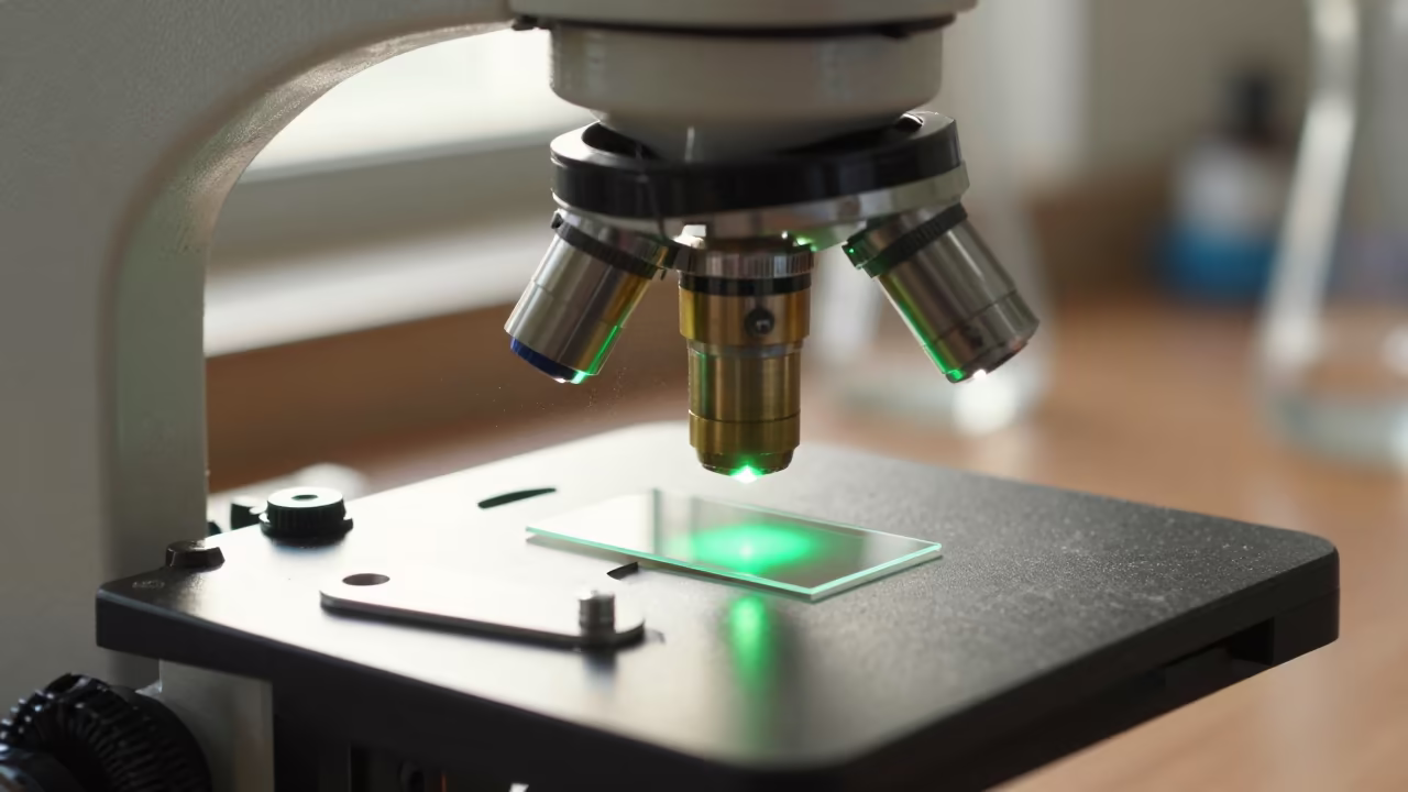 Green Microscope Light Reflects on Slide in in a bright laboratory in Amritsar