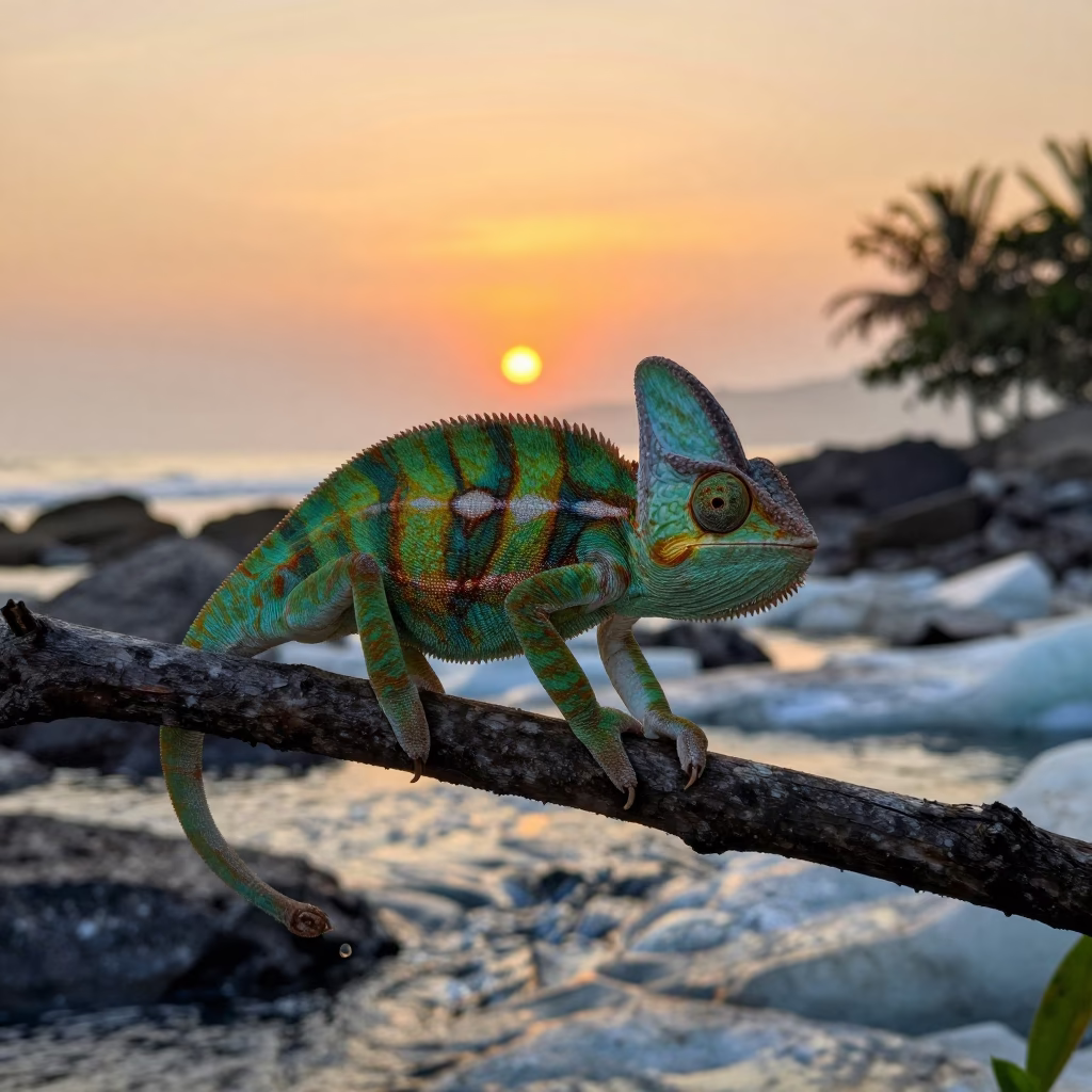 Green Panther Chameleon on Branch in above a glacial stream near Sudirman, Jakarta