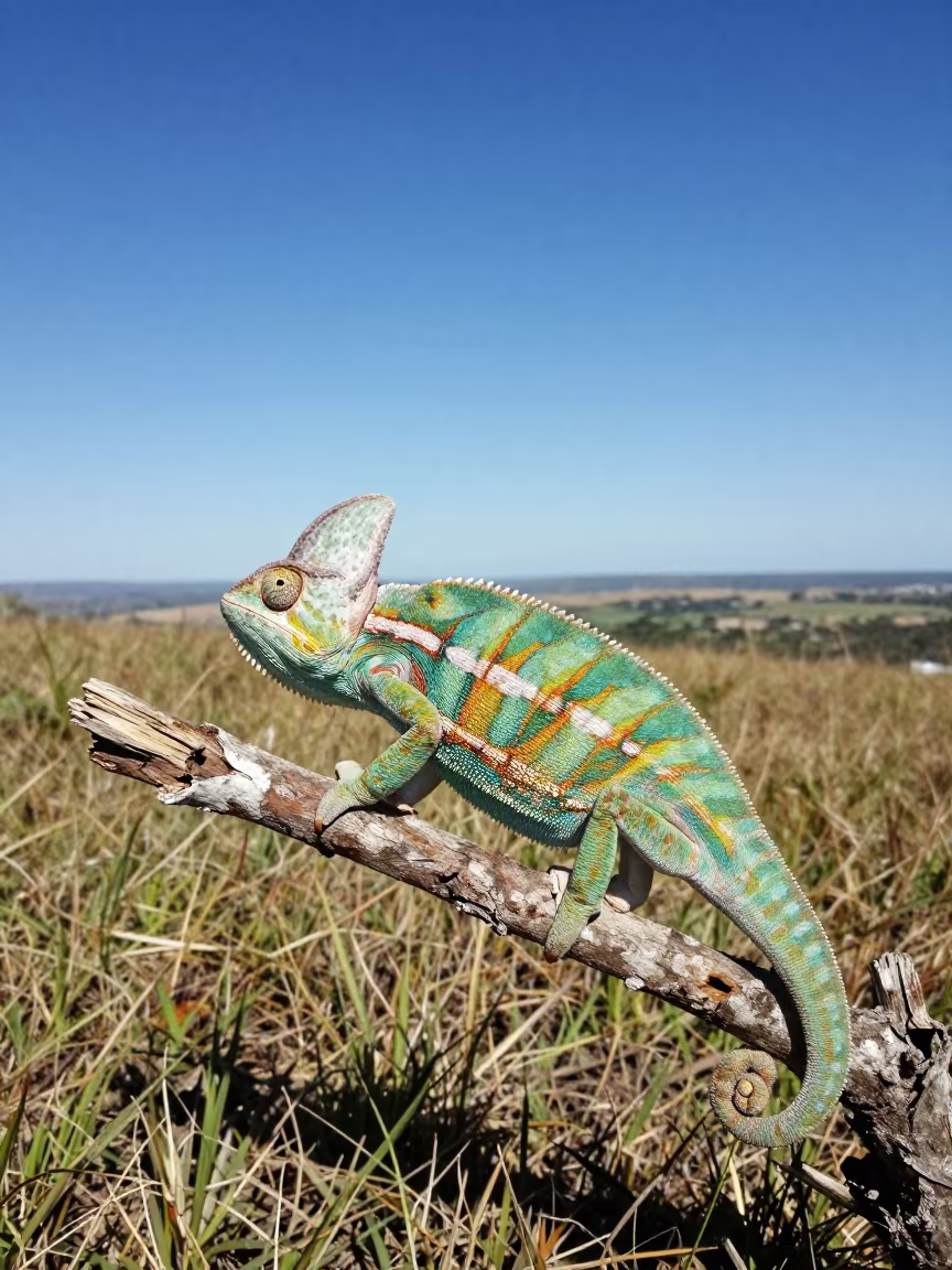 Green Panther Chameleon on Wind Scoured Brazil Ridge in on a wind-scoured ridge in Brazil