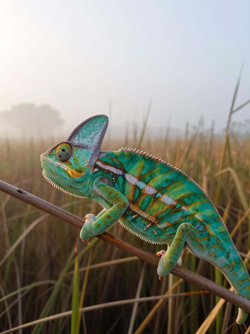 Green Panther Chameleon on Reed Branch at Dawn in at the edge of a reed bed near Dar es Salaam