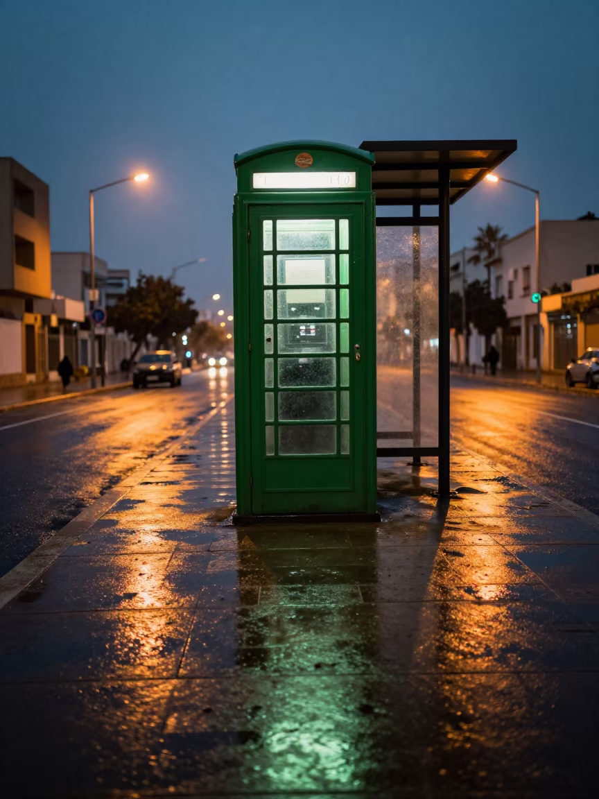 Green Phone Booth Lit in Kenitra Twilight in beside a steamed-up bus shelter in Kenitra