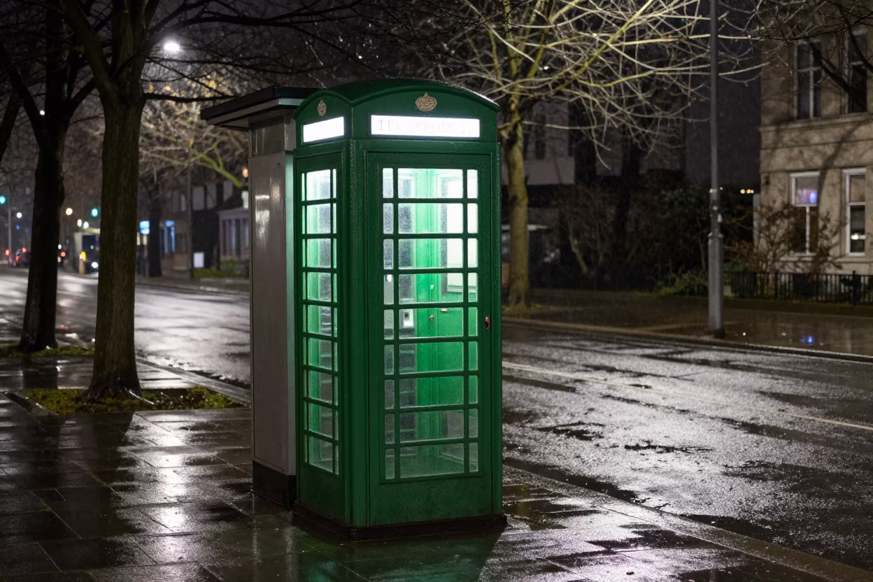 Green Lit Phone Booth on Rainy Essen Avenue in by a rain-darkened kiosk in Essen