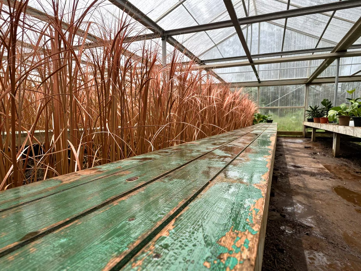 Green Potting Bench in Ouagadougou Monsoon Greenhouse in inside a humid greenhouse aisle in Ouagadougou