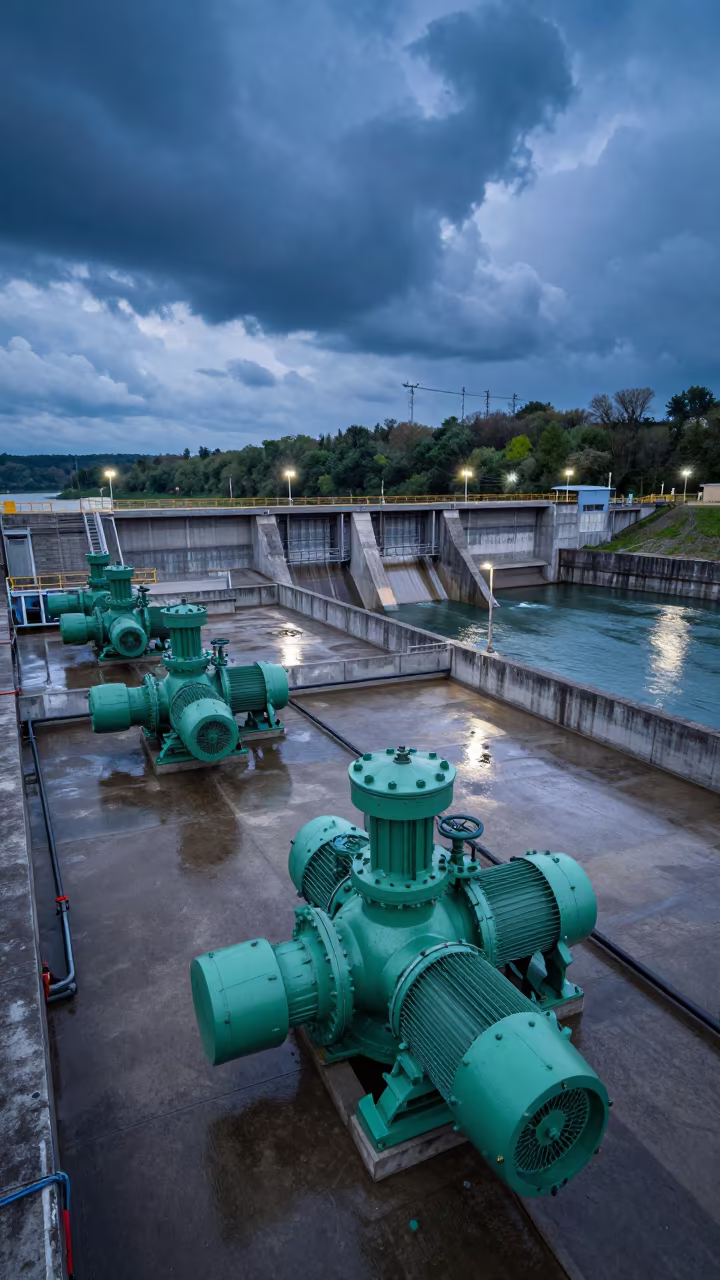 Green Pumps at Kentucky Dam Spillway Blue Hour in along a dam spillway in Kentucky