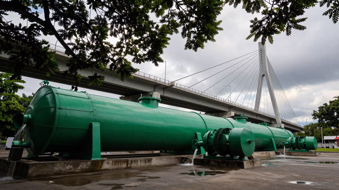 Green Pumps Under Bridge Span in Guatemala in under a cable-stayed bridge span in Guatemala