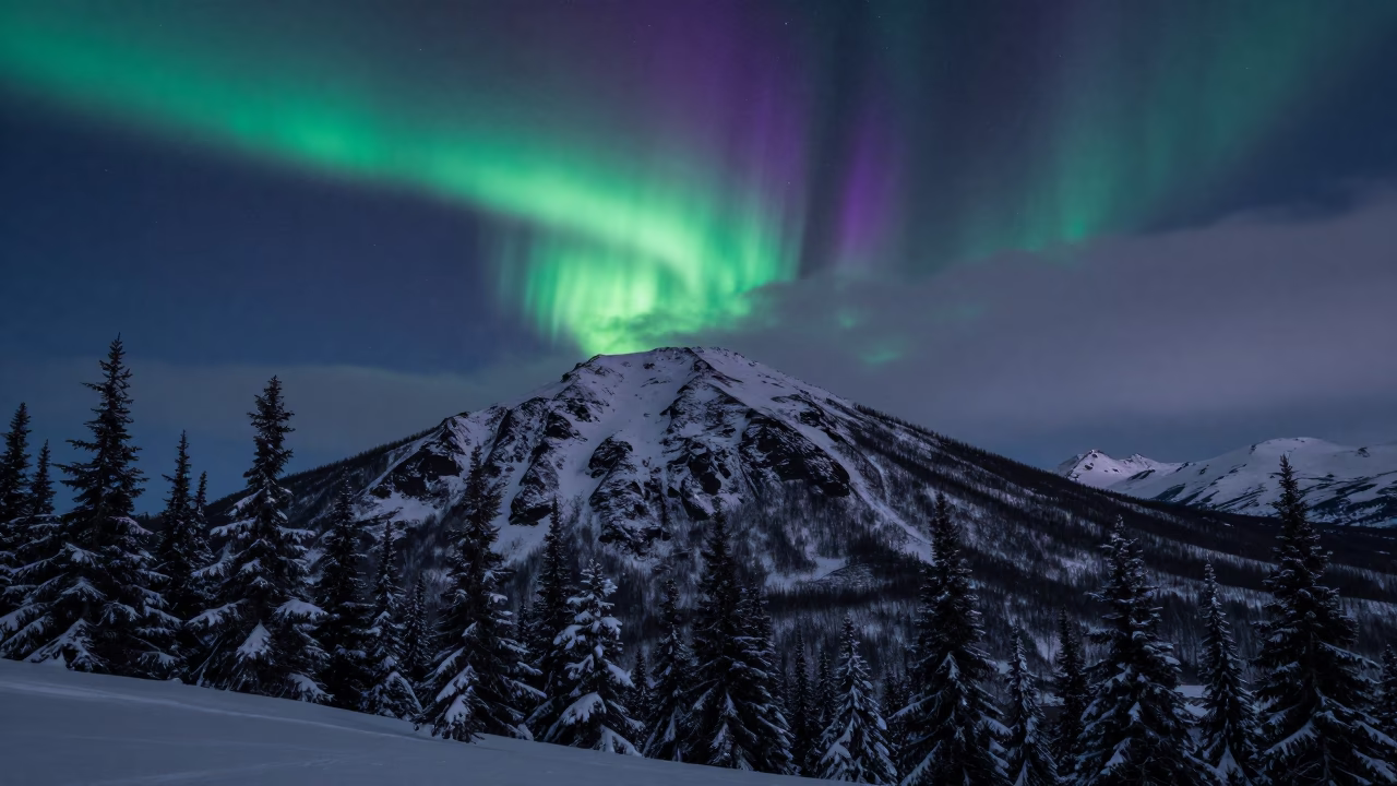 Green Purple Aurora Over Alpine Saddle Anchorage Night in from a quiet alpine saddle near Anchorage