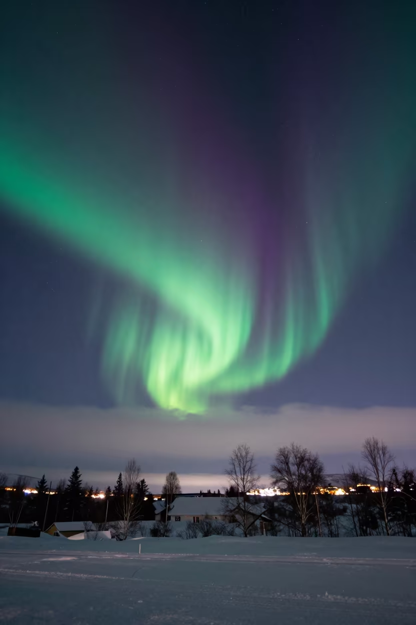 Green and Purple Aurora Over Oslo Winter Night in under the clearest stretch of sky near Oslo