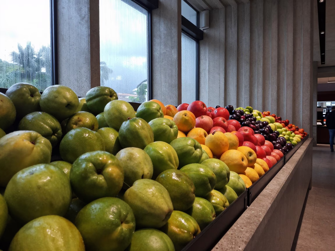 Green Red Produce Gradient in Concrete Lobby in inside a ribbed concrete lobby near San Luis Potosí