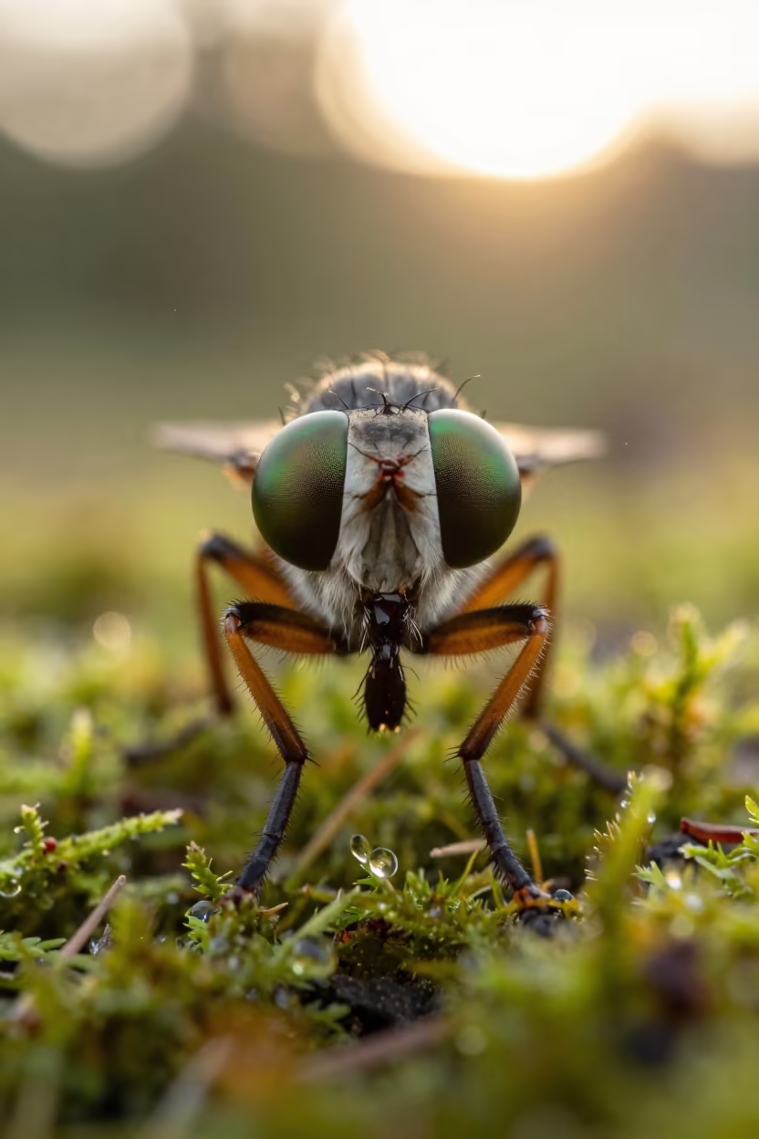 Green Robber Fly Eye on Moss at Sunset in on dew-soaked moss near Culiacán