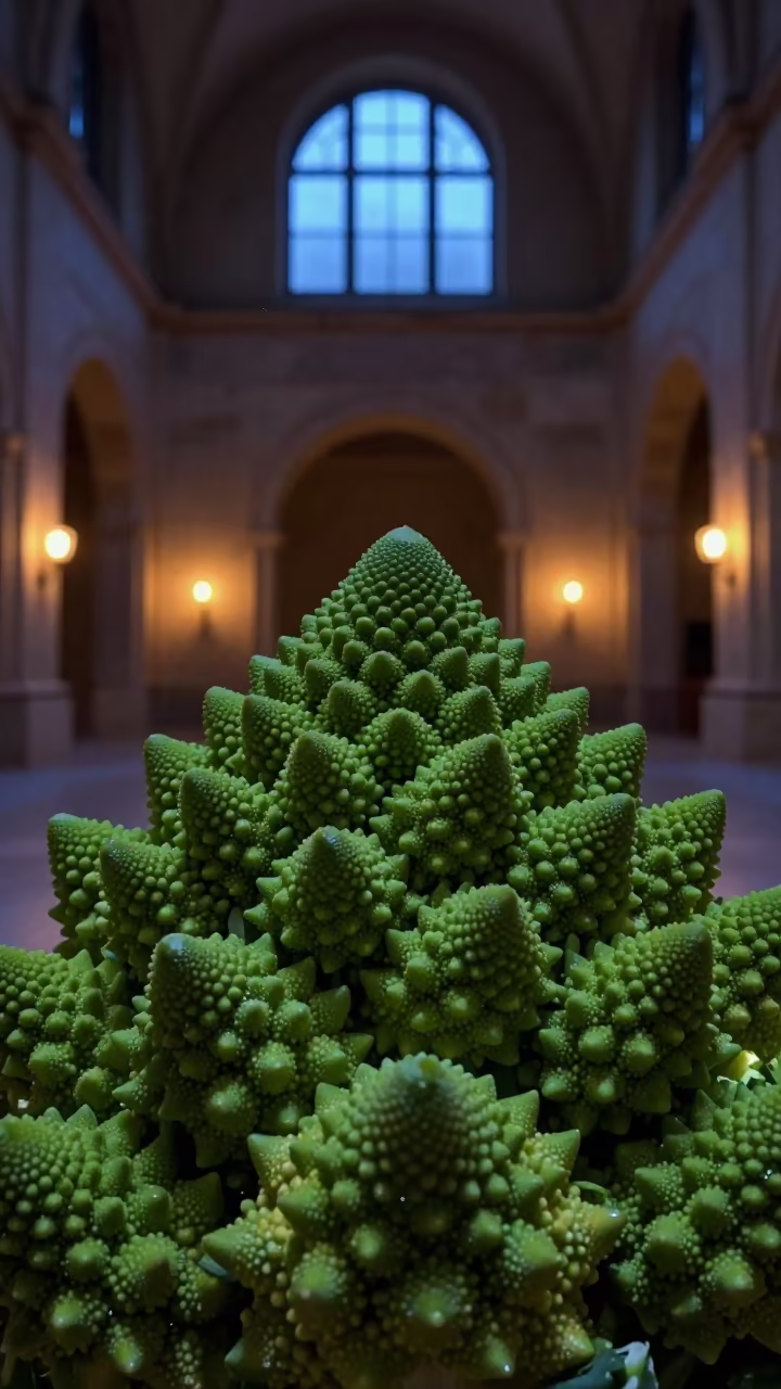 Green Romanesco Fractal in Predawn Firelight Atrium in inside a vaulted atrium in Lombok