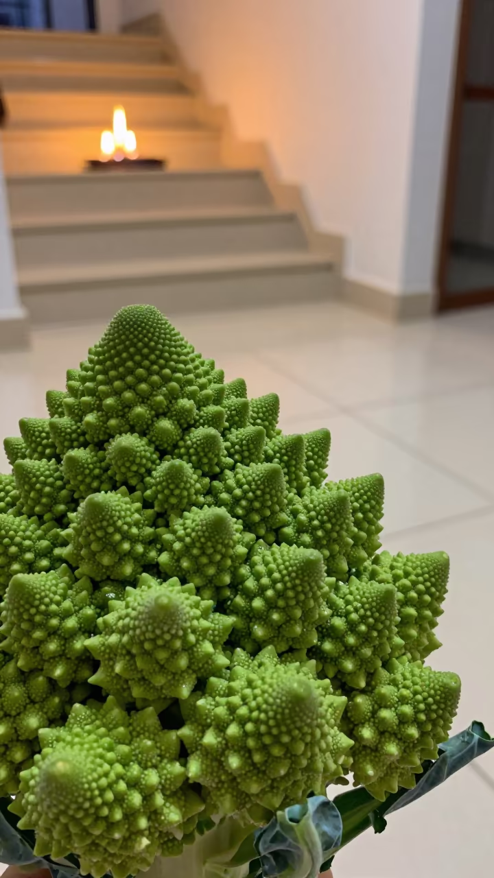 Green Romanesco Fractal in Tiled Hall Firelight in inside a tiled stair hall near Monrovia