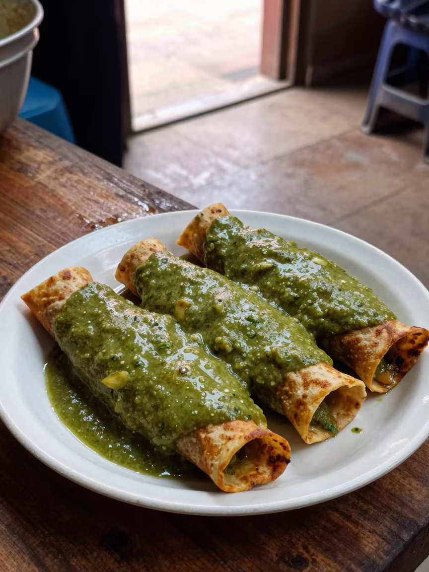 Green Salsa Enchiladas on Rudrapur Market Counter in at a market stall counter in Rudrapur