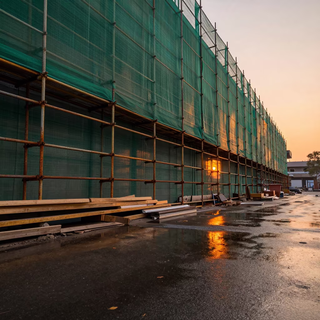 Green Scaffold Mesh at Sunset on Wet Multan Pavement in along a scaffolded facade in Multan